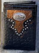 Black alligator print leather tri-fold wallet featuring an upper hair-on framed section with a cowboy praying at the cross Concho. Front View