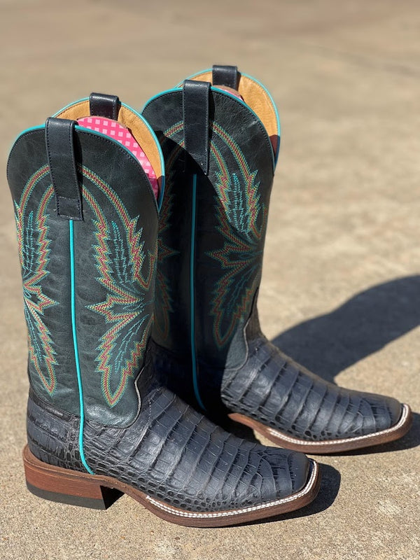 Women's Macie Bean M9141 13" "Bite in Shining Armor" Black Caiman Belly Print Square Toe Boot (SHOP IN-STORES TOO)