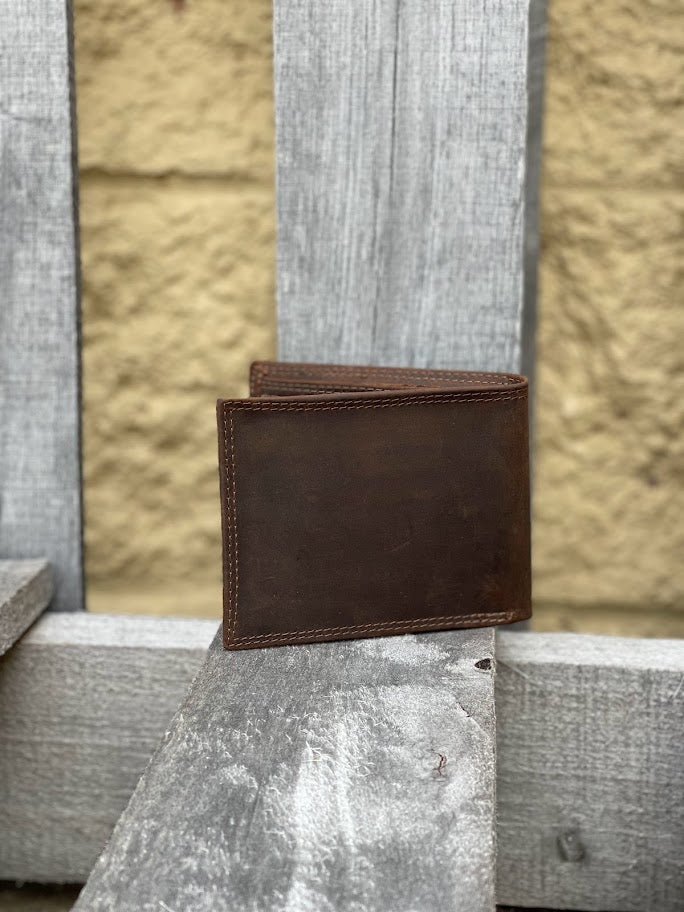 Zep-Pro Louisiana State University Tigers 1/2 Mossy Oak Camo/Brown leather Bifold Wallet. Back view shows brown distressed leather.