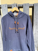 Men's fleece hoodie in navy color with large embroidered horns on the chest and leather draw cord stops on the hood.