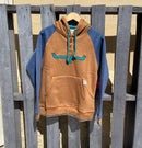 Women's Kimes Ranch Amigo Fleece Hoodie in brown with color blocking. Full front view showing Longhorn outline logo. 