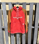 Women's Kimes Ranch Amigo Fleece Hoodie in Burnt Red with Brown color blocking and an embroidered horn applique at chest. 
