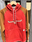 Women's Kimes Ranch Amigo Fleece Hoodie in Burnt Red with Brown color blocking and an embroidered horn applique at chest.
