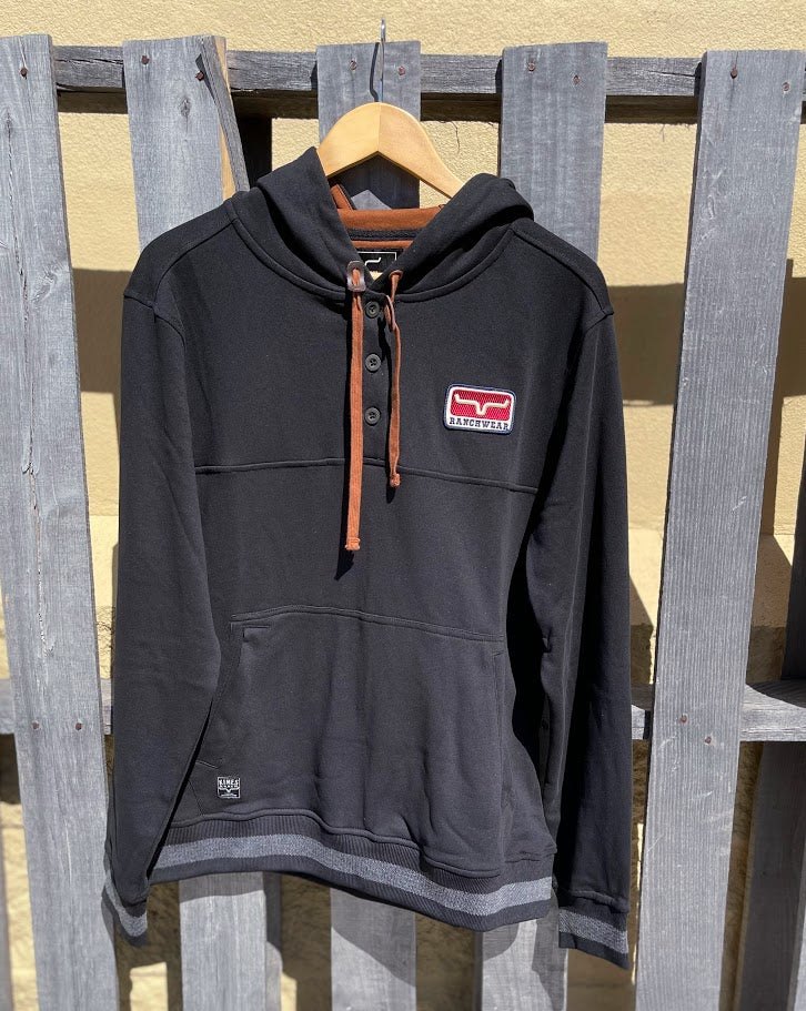 Men's Black Kimes Ranch hoodie with Brown strings featuring a logo patch on left chest.  Full Front View