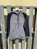 Women's Kimes Ranch Amigo Fleece Hoodie in Charcoal with Black color blocking and an embroidered horn applique at the chest. Front View