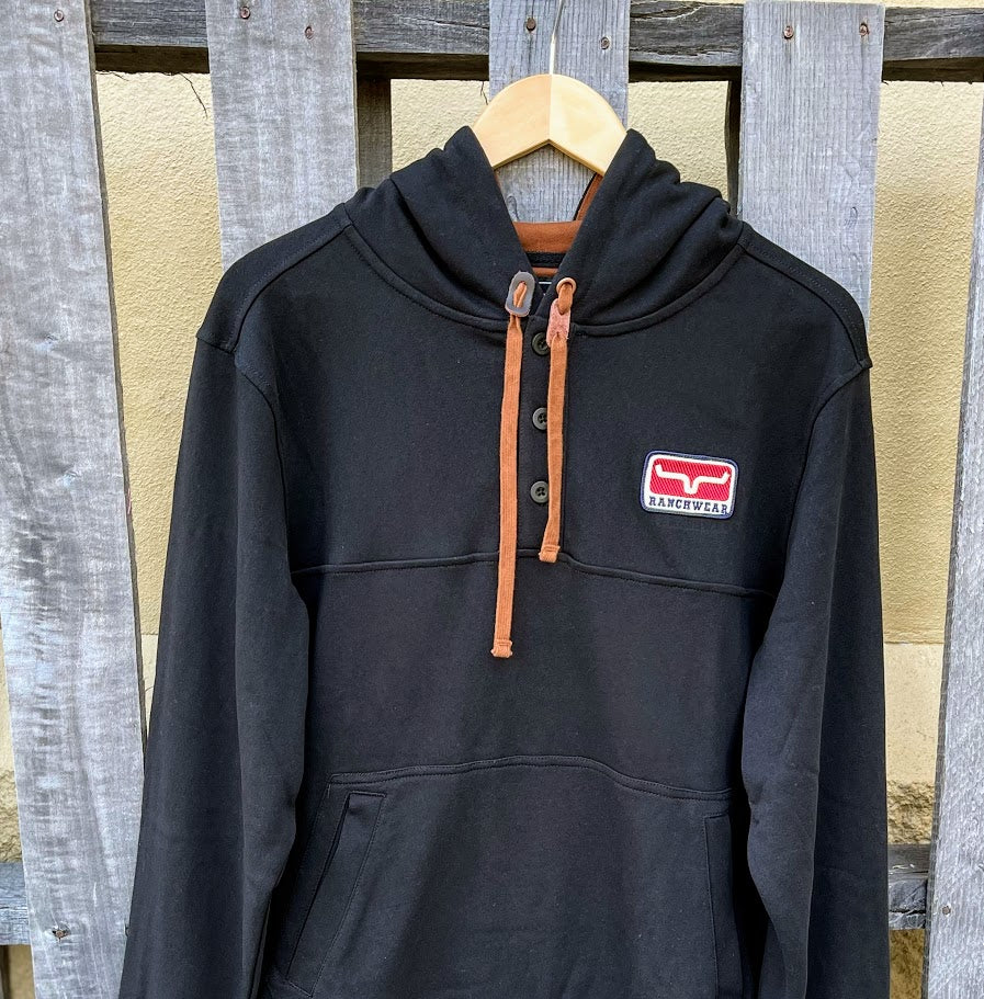 Men's Black Kimes Ranch hoodie with Brown strings featuring a logo patch on left chest. Front View