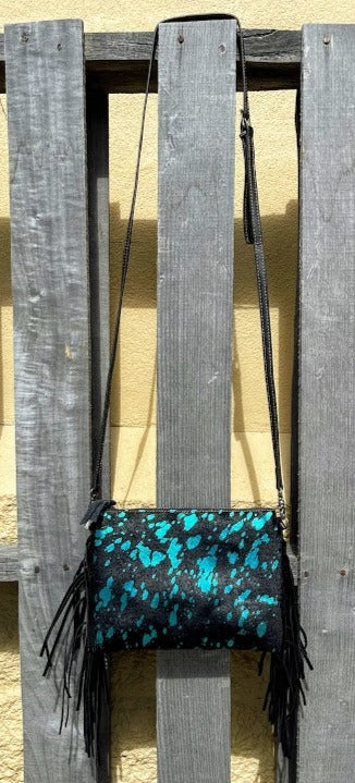 Top Notch Accessories 3053TQ Turquoise/Black Cowhide Small Crossbody with Fringe