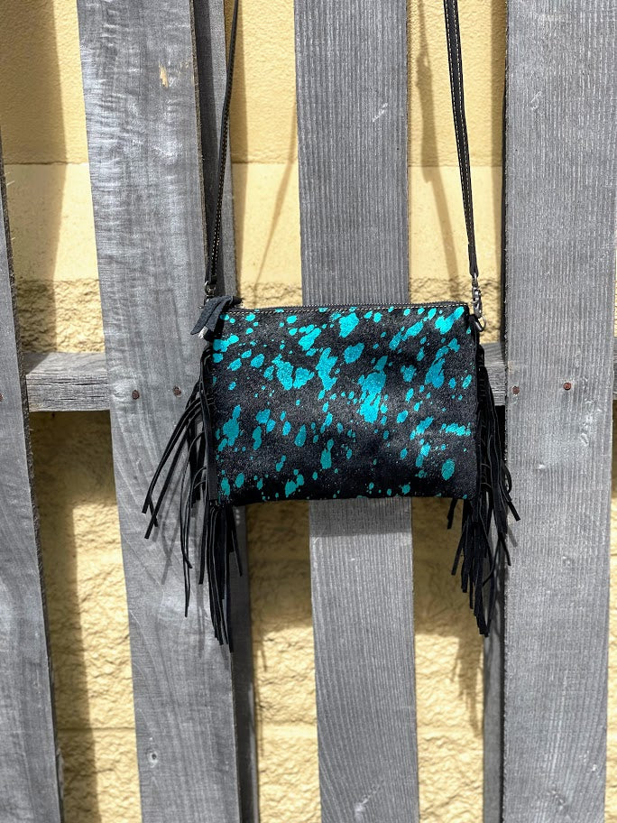 Top Notch Accessories 3053TQ Turquoise/Black Cowhide Small Crossbody with Fringe