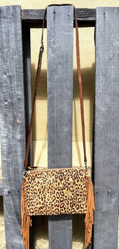 Top Notch Accessories 3053BR Leopard Cowhide Small Crossbody with Fringe