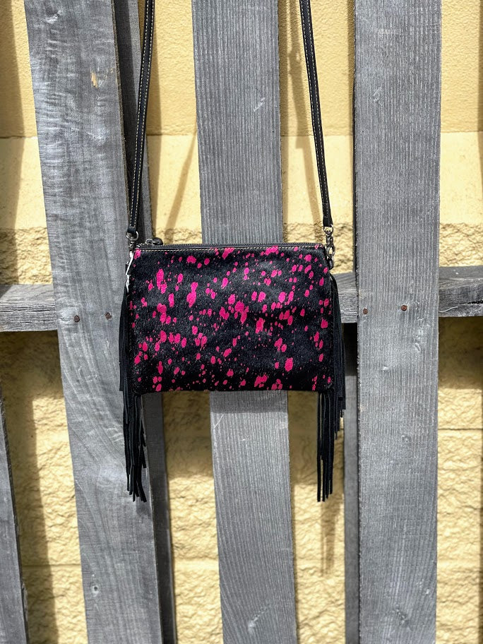 Top Notch Accessories 3053PK Pink/Black Cowhide Small Crossbody with Fringe