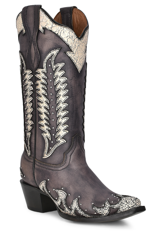 A Women's Circle G by Corral boot with a snip toe, chocolate brown color, and bone overlays with nickel studs.
