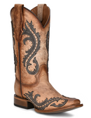 Women's Circle G 12" Brown/Grey Overlay With Embroidery & Studs Wide Square Toe Boot