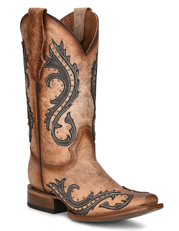 Women's Circle G L2052 12" Brown/Grey Overlay & Embroidery & Studs Wide Square Toe Boot (SHOP IN-STORES TOO)