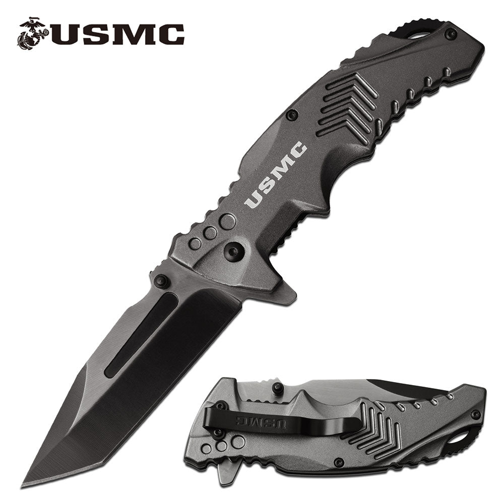 This Grey knife features a USMC logo.
