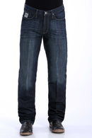 Men's Silver Label Dark Wash jeans front view showing detail of front pockets and zipper. Also shows slim fit and straight leg on boots.