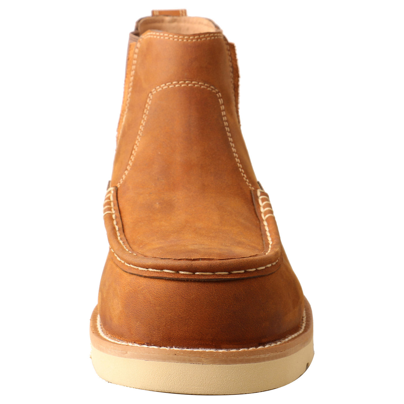 A front view of a brown Twisted X work Chelsea boot with a wedge sole and safety toe.