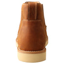 A heel view of a brown Twisted X work Chelsea boot with a wedge sole and safety toe.