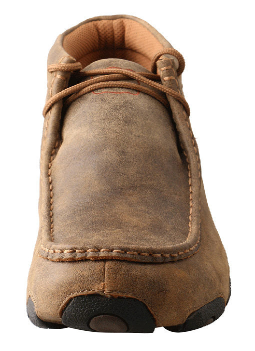 A front view of a women's brown distressed leather twisted x driving moc with rubber sole.
