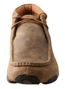 A front view of a women's brown distressed leather twisted x driving moc with rubber sole.