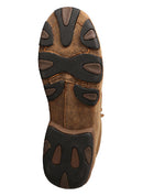 A rubber outsole view of a women's brown distressed leather twisted x driving moc.