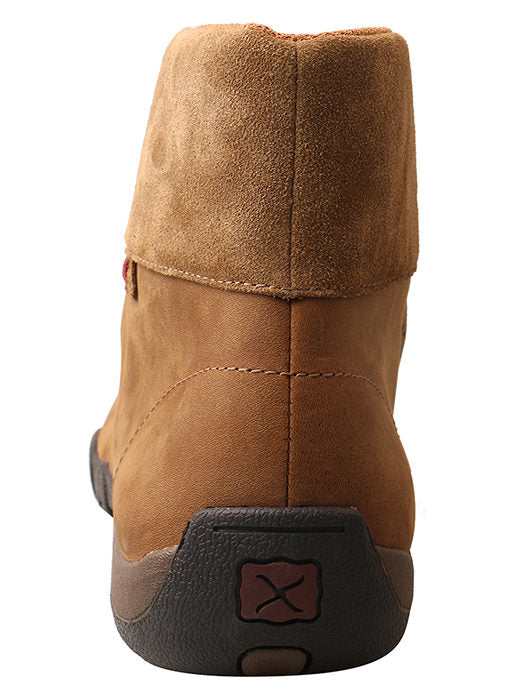 A heel view of a men's brown Twisted X work boot with alloy toe and distressed leather upper.
