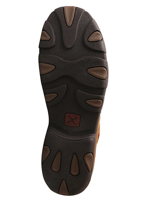 A rubber outsole view of a men's brown Twisted X work boot with alloy toe and distressed leather upper.