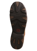A rubber outsole view of a men's brown Twisted X work boot with alloy toe and distressed leather upper.