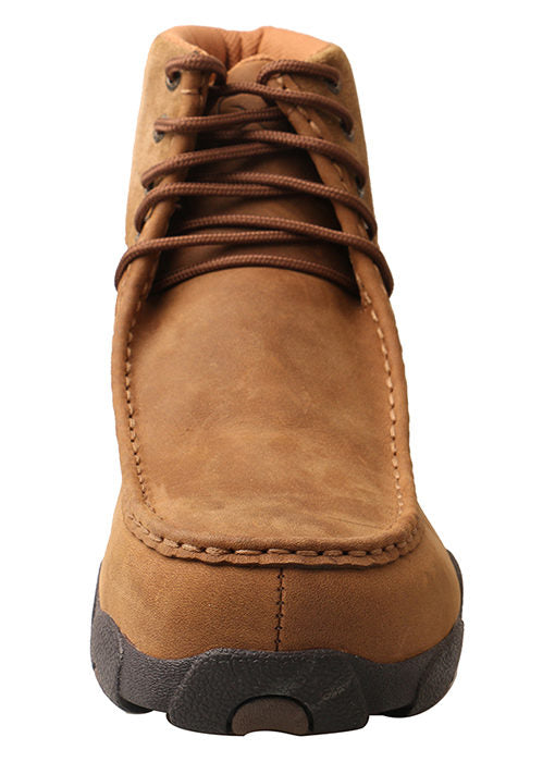 A front view of a men's brown Twisted X work boot with alloy toe and distressed leather upper.