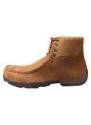 A side view of a men's brown Twisted X work boot with alloy toe and distressed leather upper.