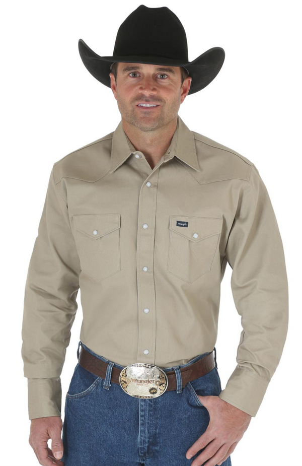 Men's Wrangler 10MS70319 Khaki Cowboy Cut® Firm Finish Long Sleeve Western Snap Solid Work Shirt