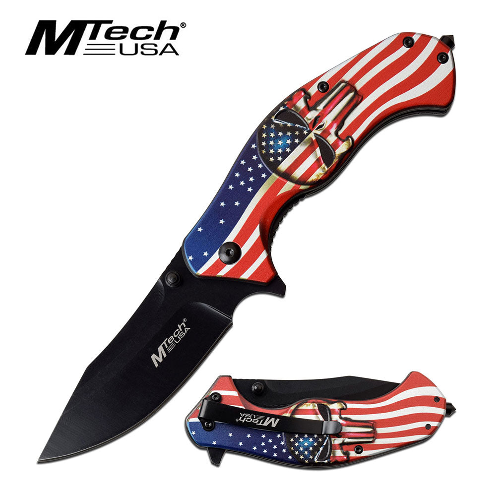 This knife features a American Flag background with a Punisher. 