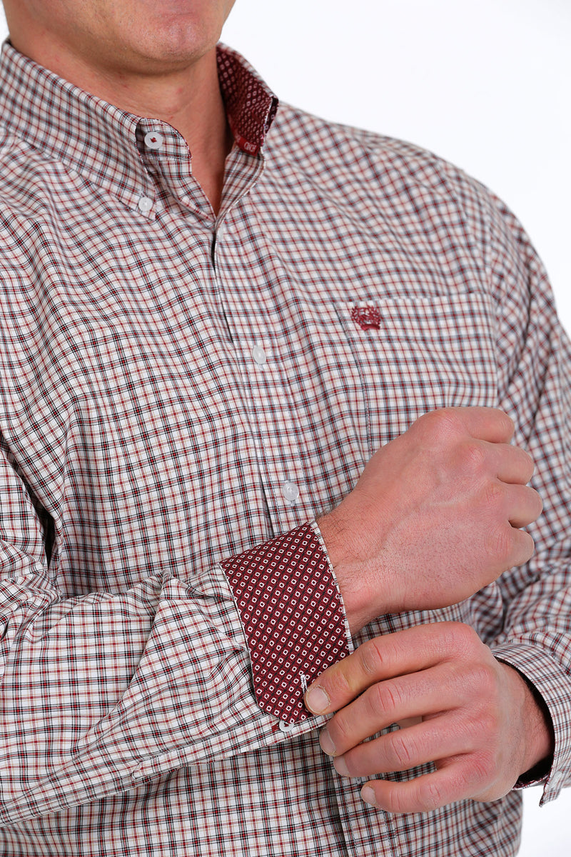 Men's Cinch MTW1105529 White/Red/Khaki Small Plaid Classic Fit Button Down Long Sleeve Shirt