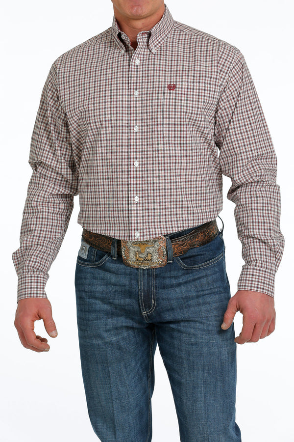 Men's Cinch MTW1105529 White/Red/Khaki Small Plaid Classic Fit Button Down Long Sleeve Shirt