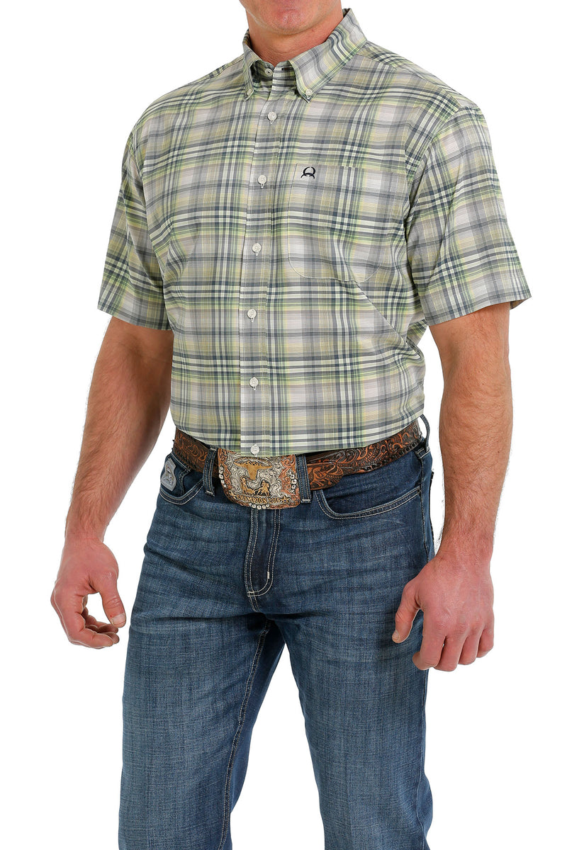 Men's Cinch MTW1704118 Short Sleeve ArenaFlex Button Down Shirt Green Multi Plaid