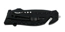 This Black knife has a 3.25 Inch long blade that is 3 MM thick. It features a skull medallion and a pocket clip. Closed view showing pocket clip.