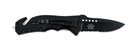 This Black knife has a 3.25 Inch long blade that is 3 MM thick. It features a skull medallion and a pocket clip. Open View