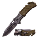 This stainless steel knife is silver and green. 