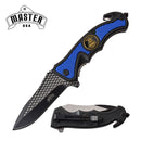 Master Cutlery Blue/Black Spring Assisted Knife
Spring Assisted Knife
8 Inches Overall
3.5 Inch 3CR13 Steel Blade
4.5 Inch Injection Molded ABS, Aluminum Handle
Includes Pocket Clip, Cutter, Glass Breaker Front and Back View