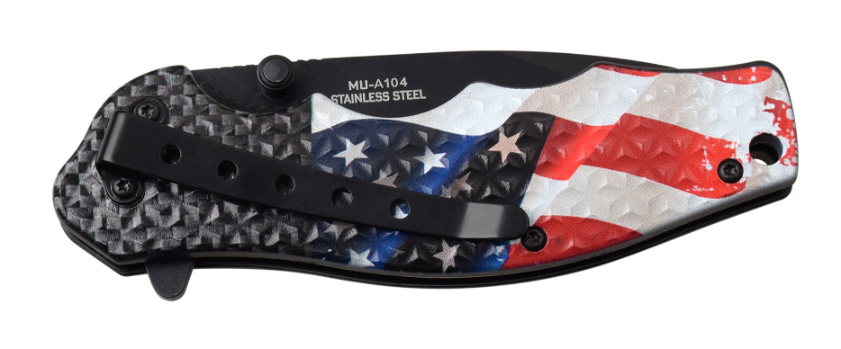 American Flag design knife with a stainless steel blade. Shown Closed