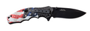 American Flag design knife with a stainless steel blade. Shown open featuring pocket clip. 