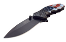 American Flag design knife with a stainless steel blade. Shown open