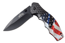 American Flag design knife with a stainless steel blade. Shown opening