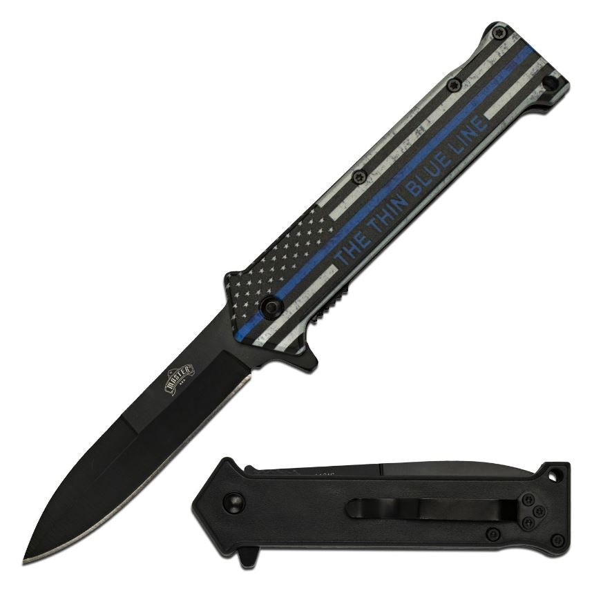 Spring Assisted Knife with a black oxidized stainless steel blade and an injection molded ABS handle featuring 'The Thin Blue Line' Flag graphic. 