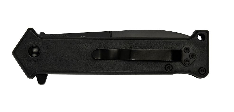 Spring Assisted Knife with a black oxidized stainless steel blade and an injection molded ABS handle featuring 'The Thin Blue Line' Flag graphic. Rear view showing solid black knife closed.