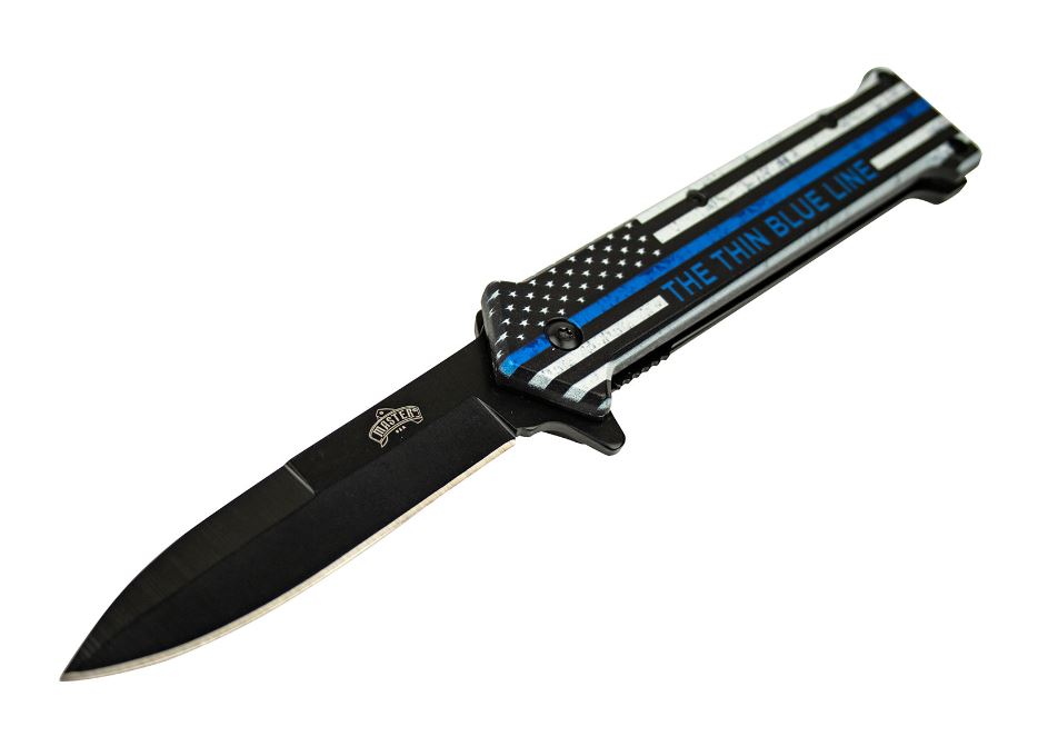 Spring Assisted Knife with a black oxidized stainless steel blade and an injection molded ABS handle featuring 'The Thin Blue Line' Flag graphic. Knife Open