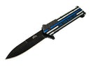 Spring Assisted Knife with a black oxidized stainless steel blade and an injection molded ABS handle featuring 'The Thin Blue Line' Flag graphic. Knife Open