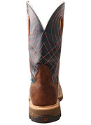A heel view of a men's 12-inch mocha and navy waterproof western work boot with alloy toe and cellstretch technology. It features a brown leather vamp, a blue and brown shaft, and a rubber outsole.