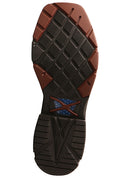 A rubber outsole view of a men's 12-inch mocha and navy waterproof western work boot with alloy toe and cellstretch technology.