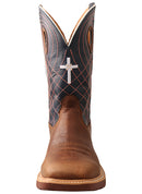A front view of a men's 12-inch mocha and navy waterproof western work boot with alloy toe and cellstretch technology. It features a brown leather vamp, a blue and brown shaft, and a rubber outsole.