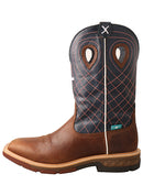 A side view of a men's 12-inch mocha and navy waterproof western work boot with alloy toe and cellstretch technology. It features a brown leather vamp, a blue and brown shaft, and a rubber outsole.